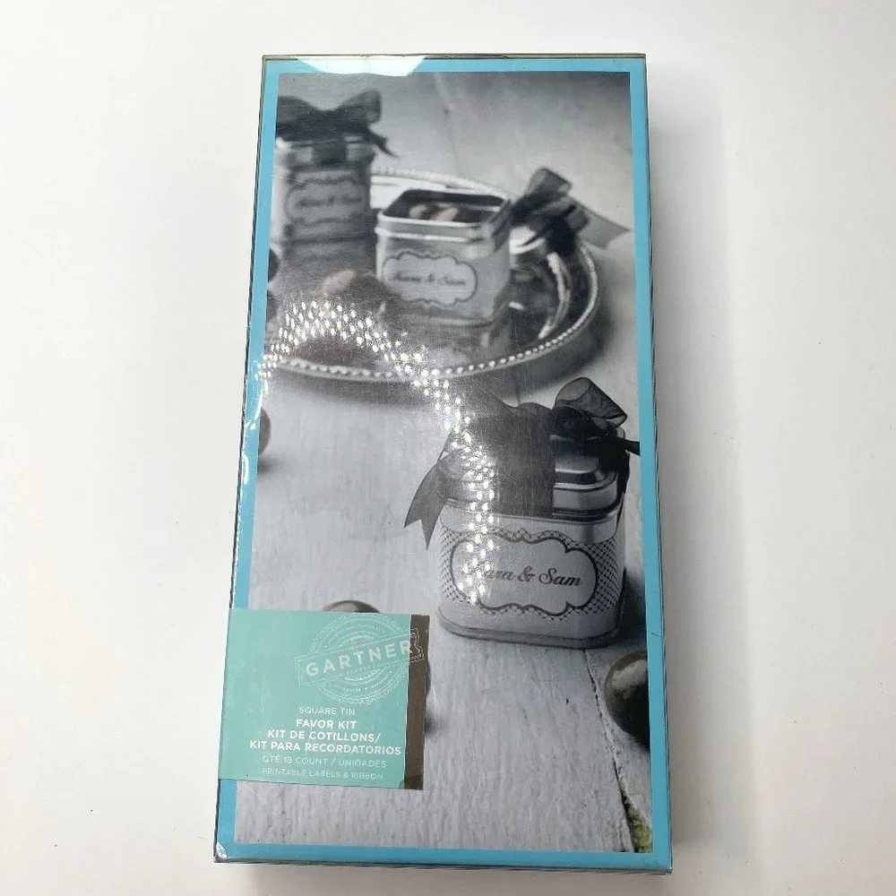 Gartner NWT Square Tin 18 count favor kit with printable labels and ribbon.